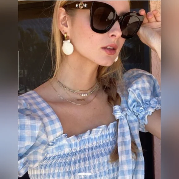 Sleeper 100% linen belle dress in blue gingham, medium - Picture 7 of 8